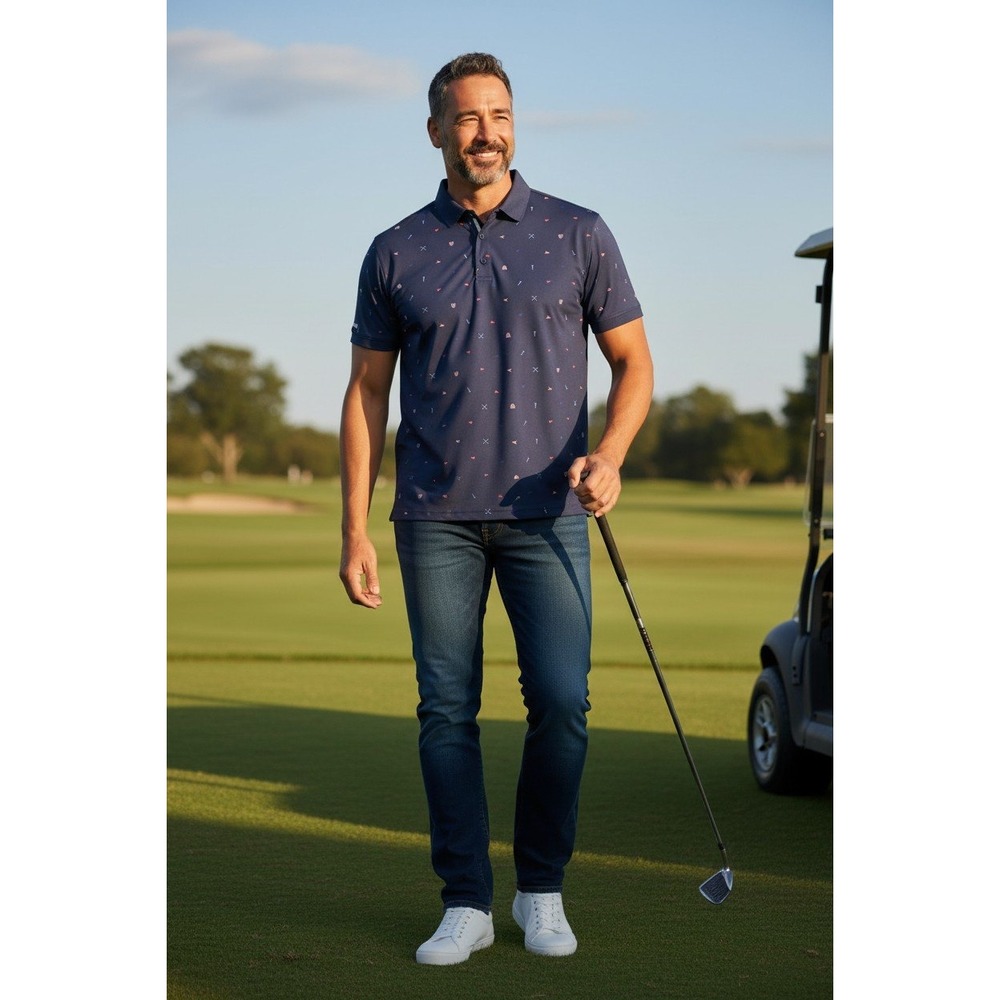 Chaps Golf Mens XL Navy Blue Performance Polo Shirt Golf Tee Flag Print